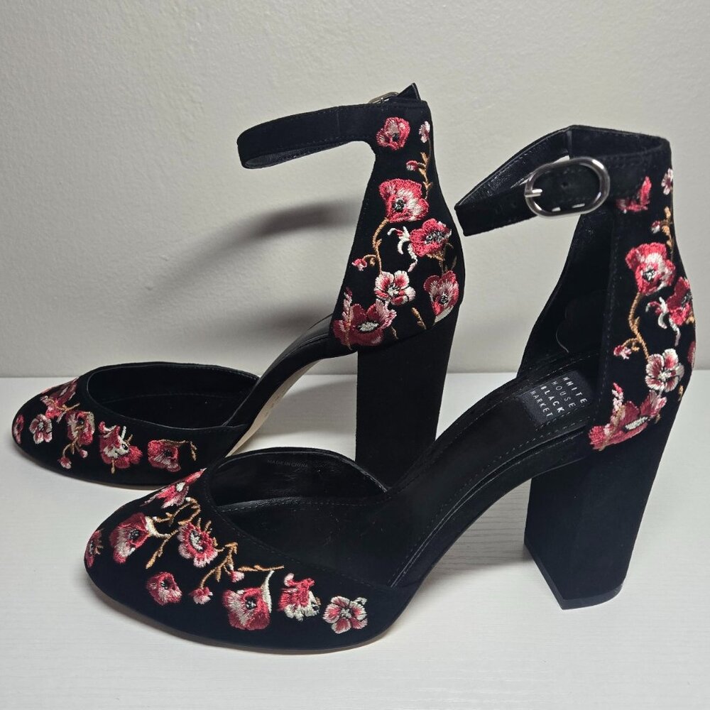 White House Black Market Floral Embroidered Ankle Strap Block Heels Size 7.5M